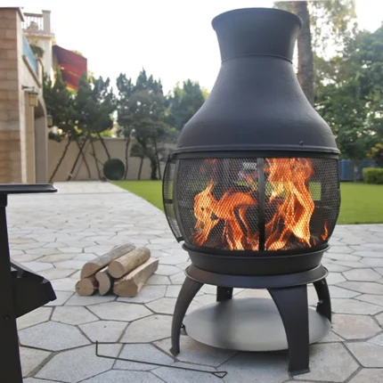 45" Cast Iron Smokeless Chiminea with Mesh Screen, Sliding Door & Rain Cap
